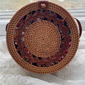 Handmade - Round Woven Rattan Bag Floral Lined